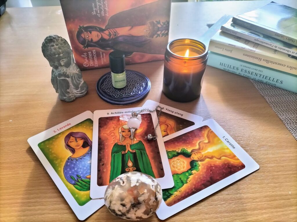 Femme participant à l’atelier AELA d’aromathérapie féminine, créant un roll-on personnalisé avec huiles essentielles et pierres de lithothérapie, expérience d’olfaction consciente.