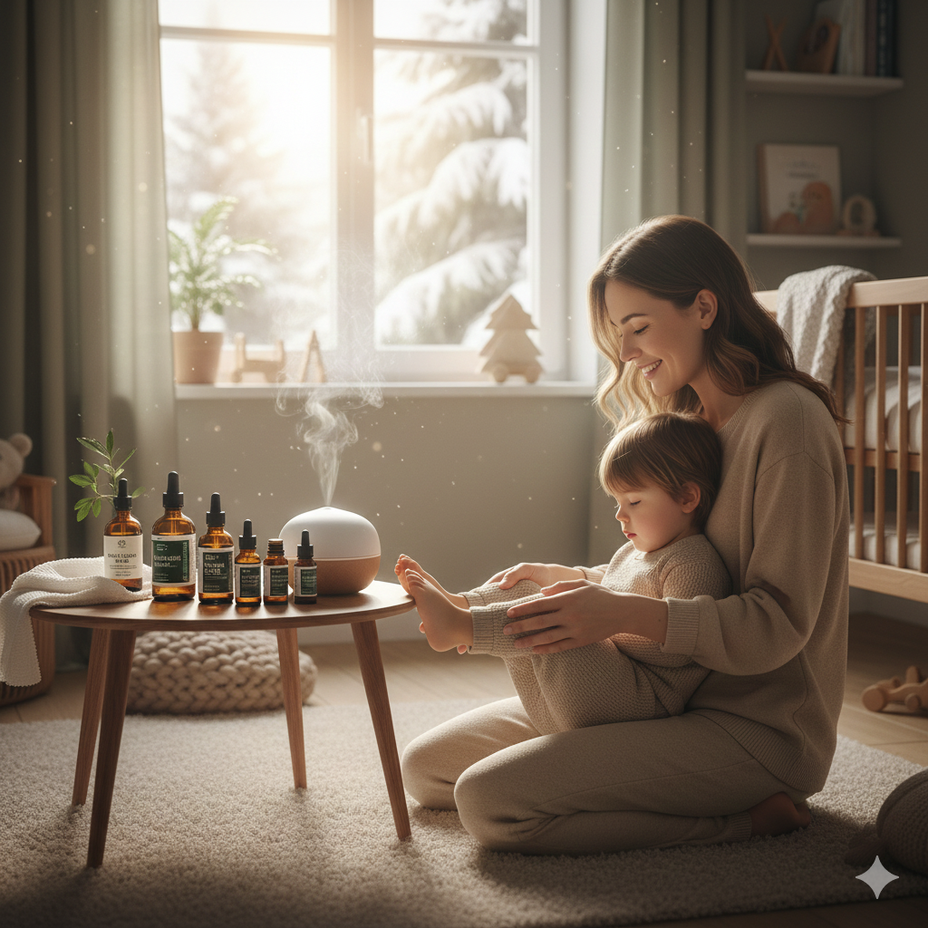 flacons d'huiles essentielles pour enfants pour l'immunité hivernale avec pomme, tisane et plaid tricoté, symbole de sécurité et de réconfort