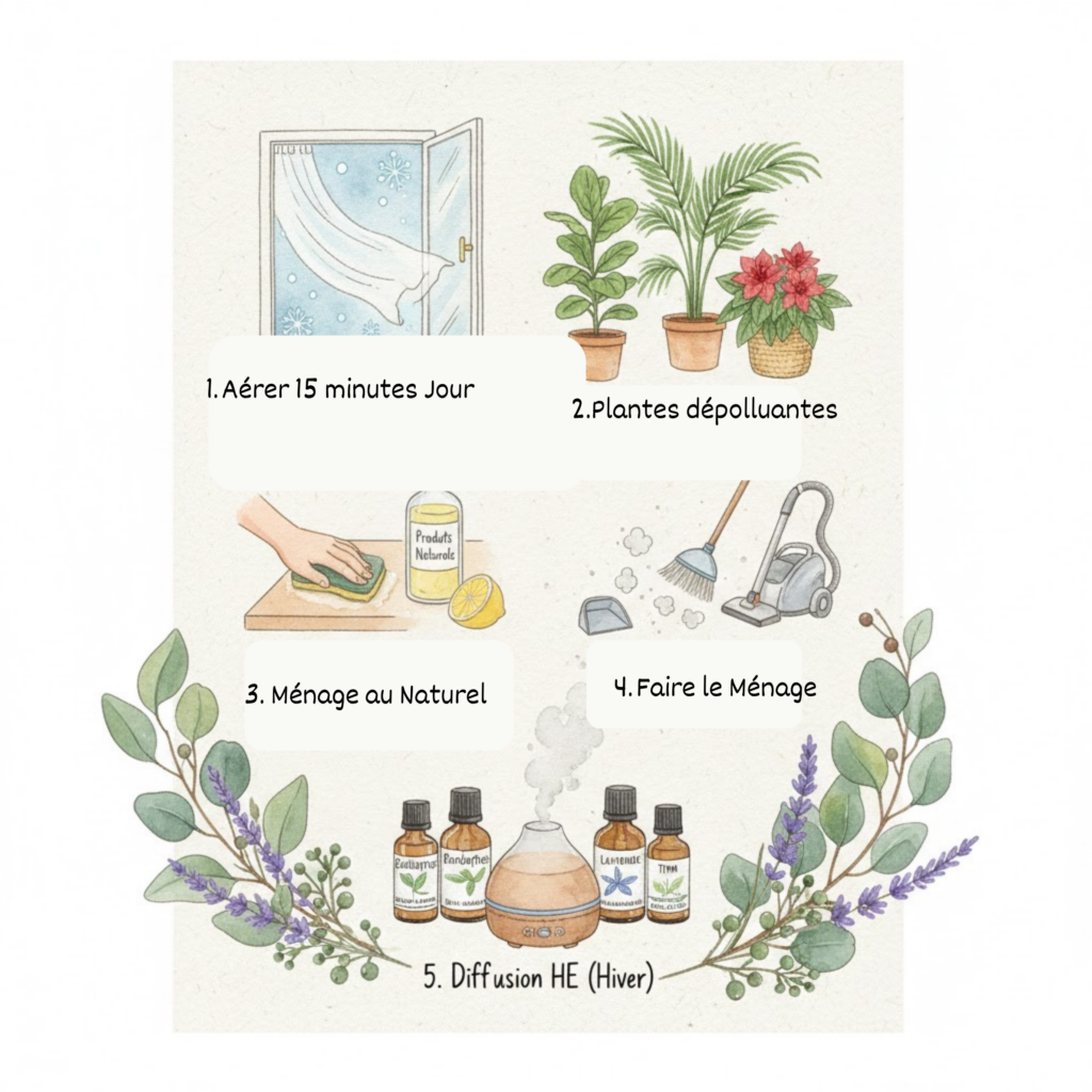 Illustration à l'aquarelle de 5 vignettes représentant des conseils pour purifier l'air : une fenêtre ouverte, des plantes dépolluantes, un nettoyage naturel, un aspirateur et un diffuseur d'huiles essentielles avec des flacons.