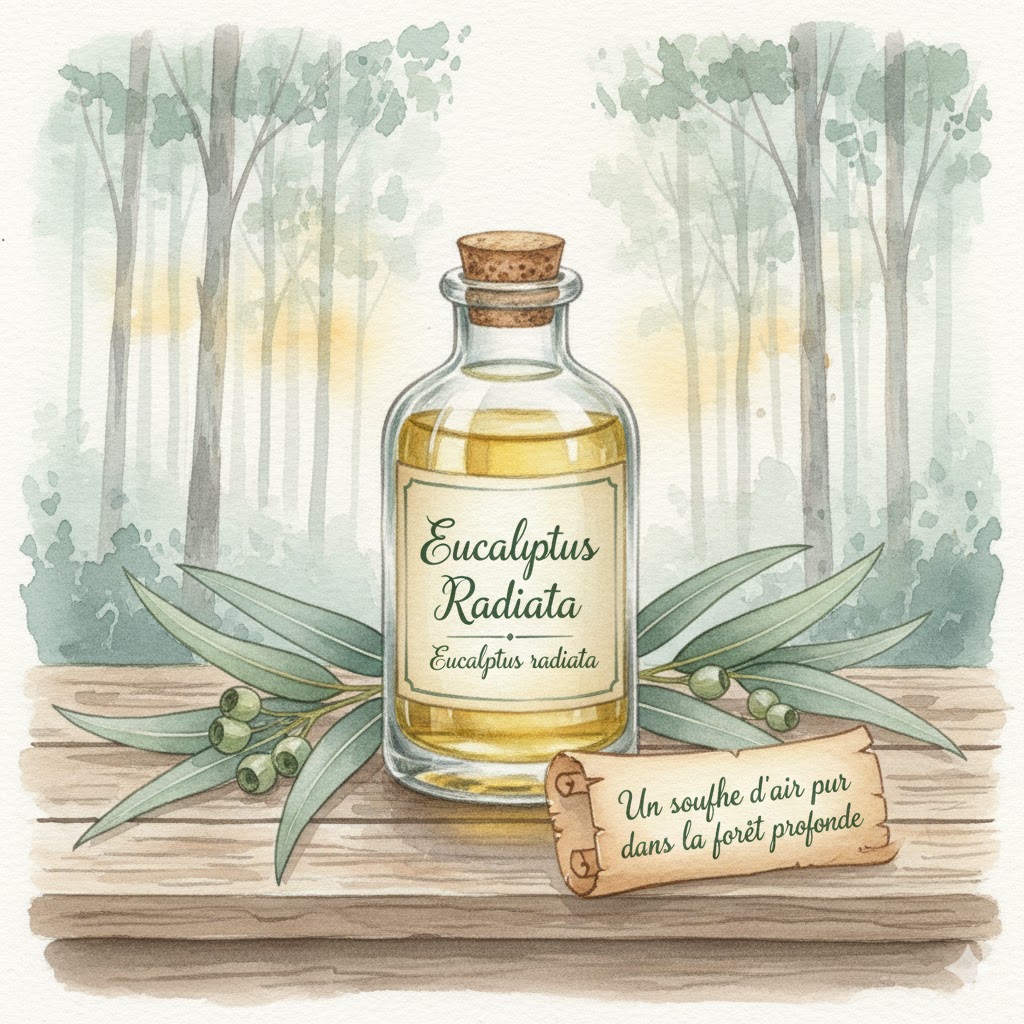 Illustration à l'aquarelle d'un flacon d'huile essentielle d'Eucalyptus Radiata posé sur un rebord en bois, accompagné de feuilles allongées et de baies d'eucalyptus, avec une forêt brumeuse en arrière-plan.