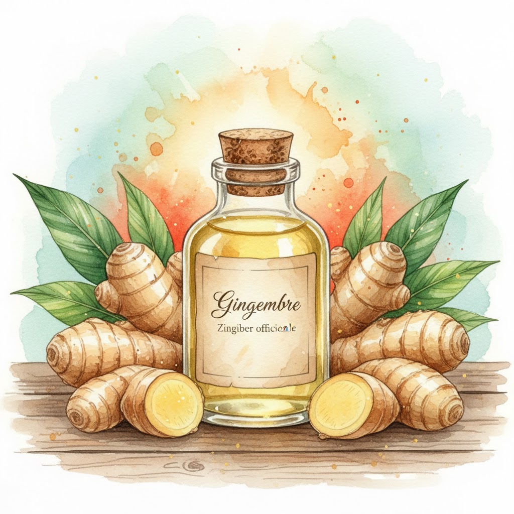 Illustration à l'aquarelle d'un flacon d'huile essentielle de Gingembre entouré de rhizomes frais et de feuilles tropicales sur un fond lumineux.
