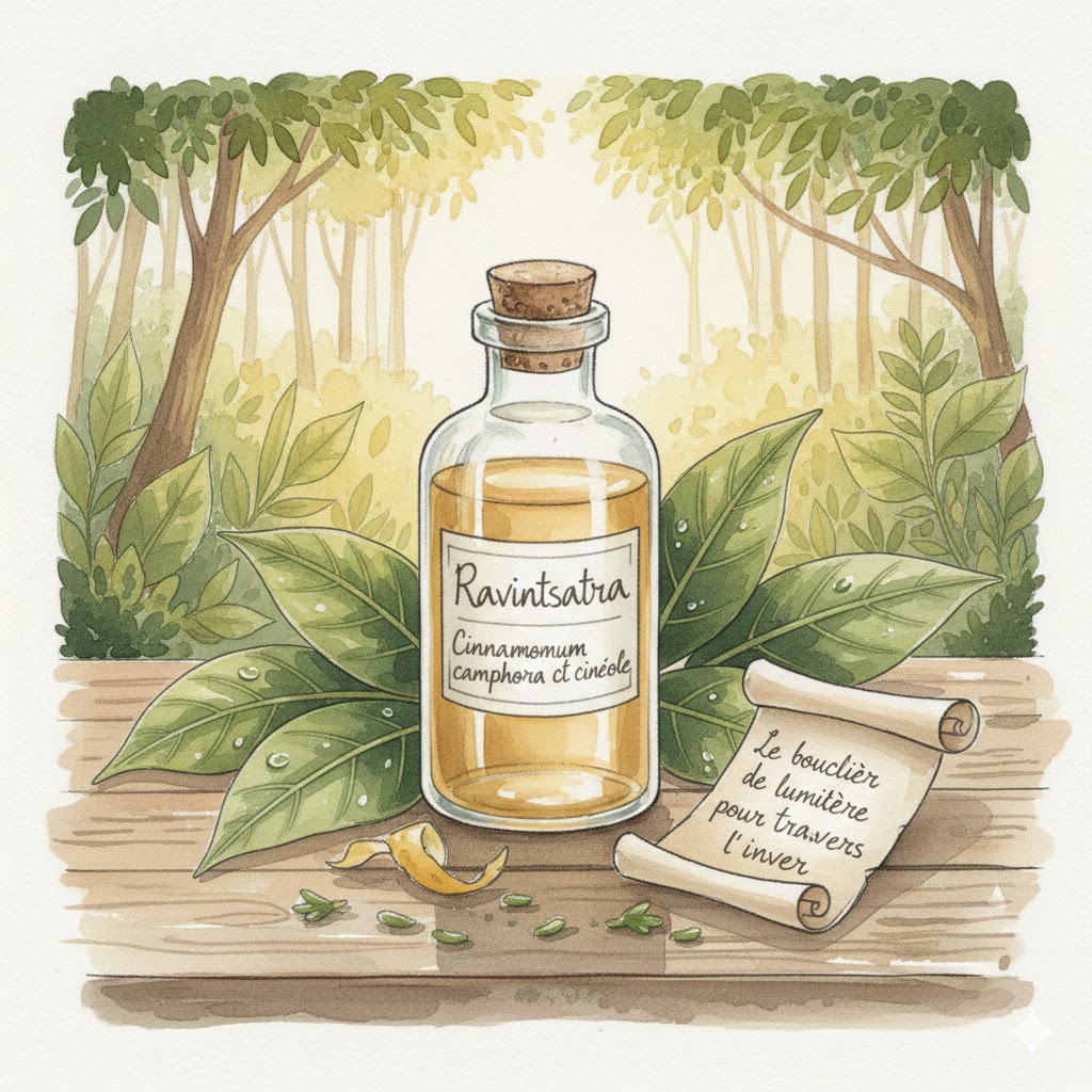 Illustration à l'aquarelle d'un flacon d'huile essentielle de Ravintsara entouré de larges feuilles vertes persistantes, posé sur un socle en bois devant une forêt lumineuse.