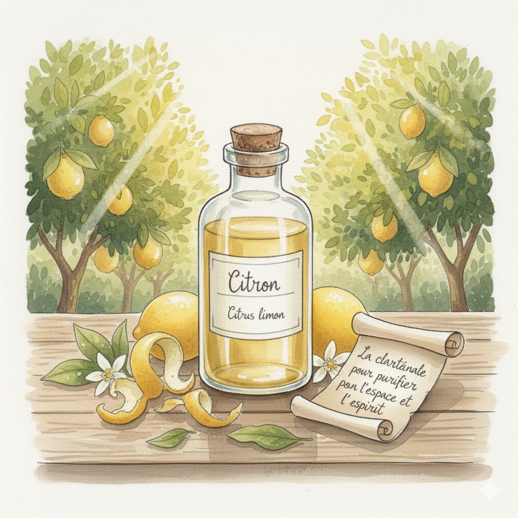 Illustration à l'aquarelle d'un flacon d'essence de Citron sur une table en bois, entouré de citrons frais, de zestes et de fleurs blanches, avec un verger de citronniers baigné de rayons de soleil en arrière-plan.