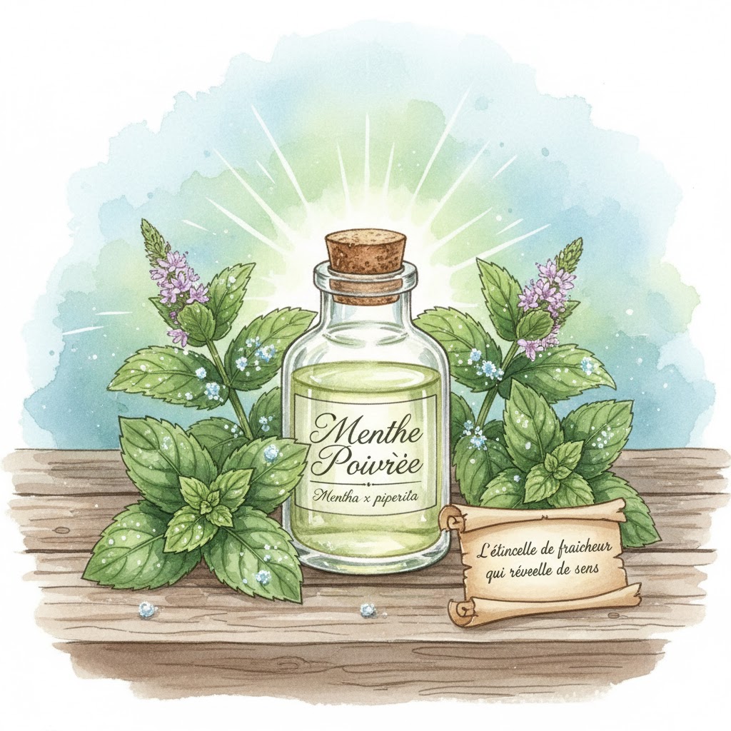 Illustration à l'aquarelle d'un flacon d'huile essentielle de Menthe Poivrée entouré de feuilles de menthe vert émeraude et de petites fleurs mauves, avec un halo de lumière cristalline et des teintes bleu givré en arrière-plan.