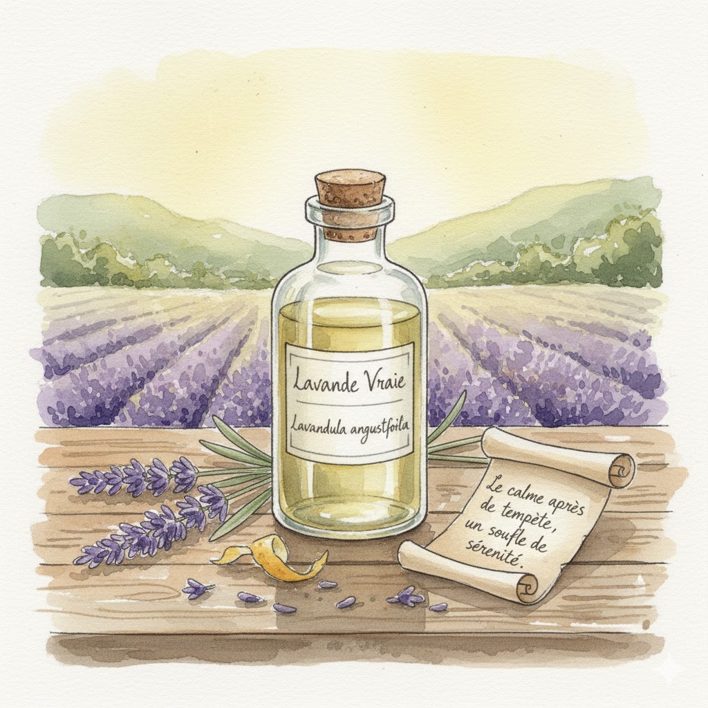 Illustration à l'aquarelle d'un flacon d'huile essentielle de Lavande Vraie posé sur une table en bois, avec un champ de lavande violet en arrière-plan et un parchemin portant la mention "Le calme après la tempête".