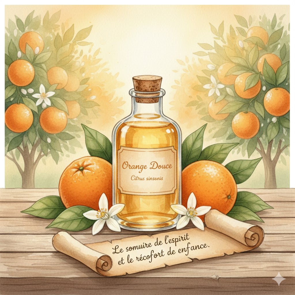 Illustration à l'aquarelle d'un flacon d'essence d'Orange Douce sur un plan de travail en bois, entouré d'oranges entières et de fleurs de néroli blanches, avec des orangers chargés de fruits baignés d'une lumière dorée en arrière-plan.