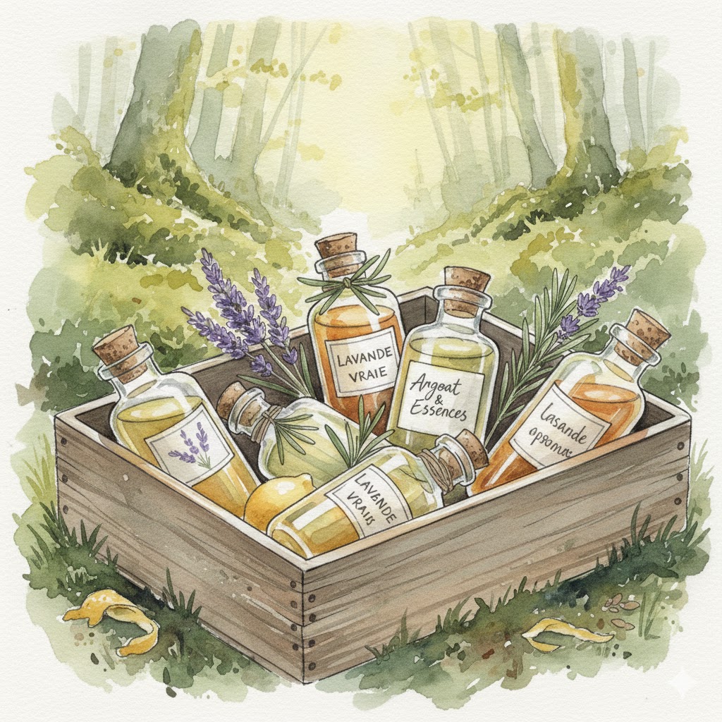 Illustration à l'aquarelle d'un coffret en bois rustique contenant des flacons d'huiles essentielles artisanales, posé dans une forêt lumineuse entouré de lavande et de mousse.