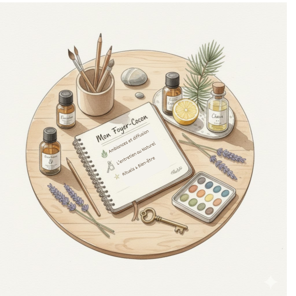 Illustration à l'aquarelle d'un carnet ouvert intitulé "Mon Foyer-Cocon" posé sur une table ronde en bois. Autour du carnet : des flacons d'huiles essentielles, une palette de peinture, des brins de lavande, un demi-citron et une clé ancienne.