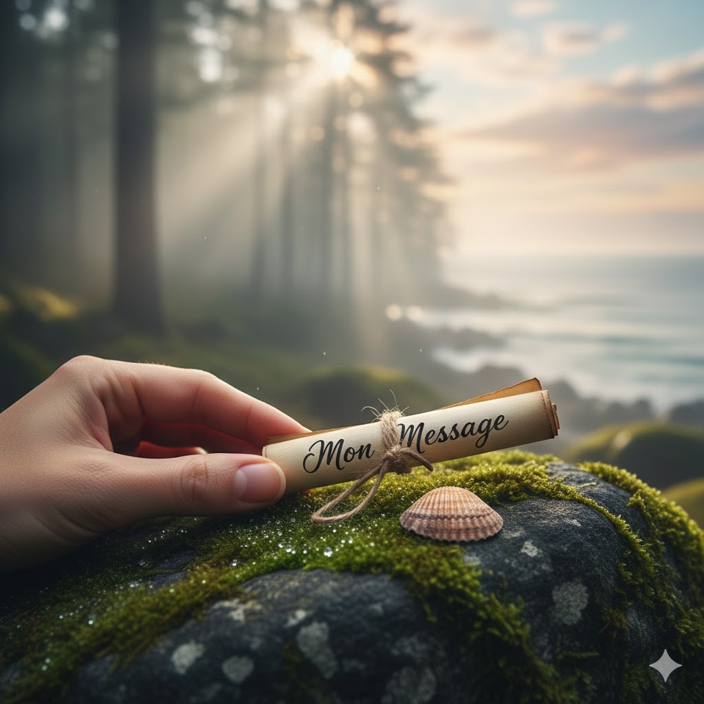 Main déposant un message sur un rocher moussu entre forêt et océan, symbolisant le partage et le contact.