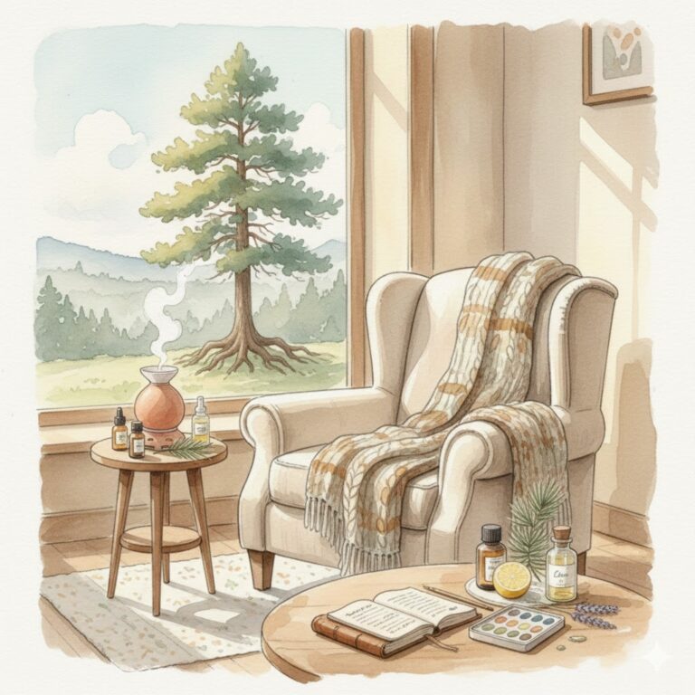 Illustration à l'aquarelle d'un salon chaleureux avec un fauteuil confortable, un plaid, un diffuseur d'huiles essentielles et une vue sur une forêt de pins. Sur la table, on aperçoit une boîte d'aquarelles et un carnet ouvert.