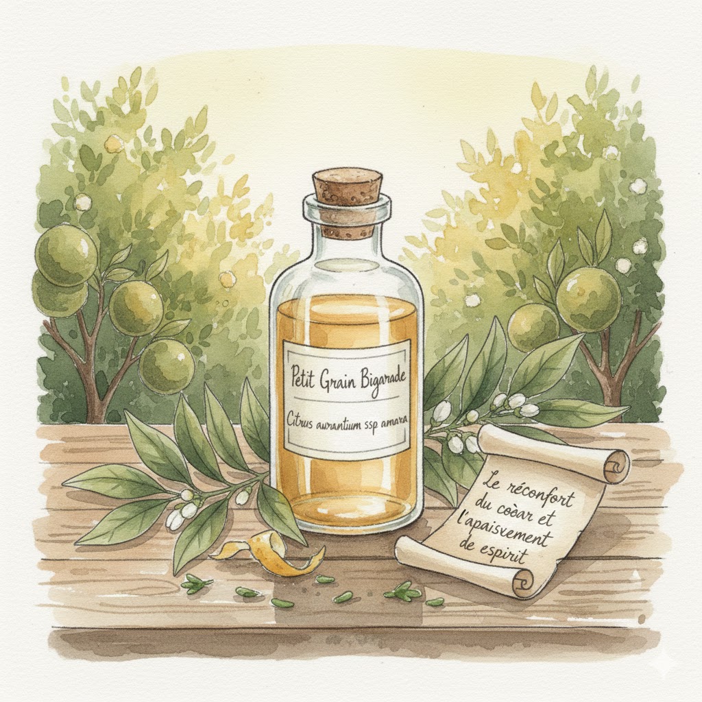 Illustration à l'aquarelle d'un flacon d'huile essentielle de Lavande Vraie posé sur une table en bois, avec un champ de lavande violet en arrière-plan et un parchemin portant la mention "Le reconfort du coeur et apaisment de l'esprit