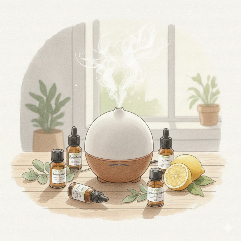 Illustration à l'aquarelle d'un diffuseur d'huiles essentielles blanc et bois diffusant une brume légère, entouré de flacons ambrés, de tranches de citron frais et de feuilles d'eucalyptus sur un fond lumineux avec des plantes vertes.