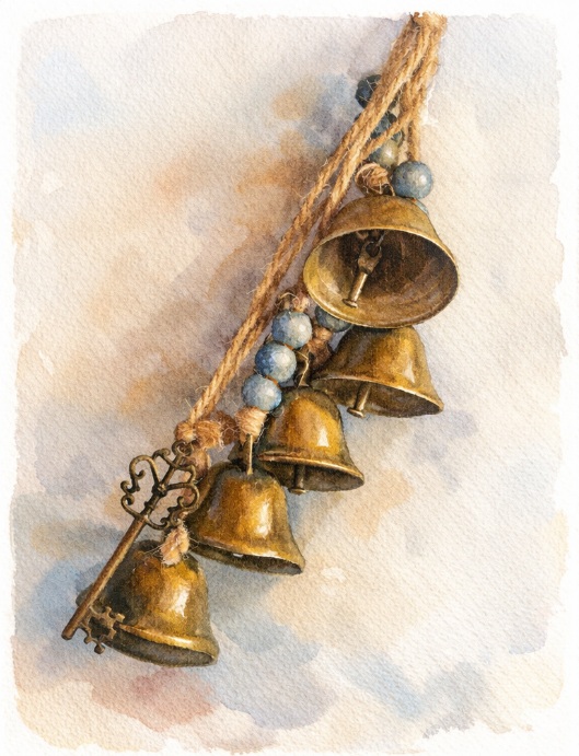 Illustration aquarelle de clochettes en laiton et d'une clé ancienne suspendues, symbolisant l'ouverture et le signal de sécurité du corps.
