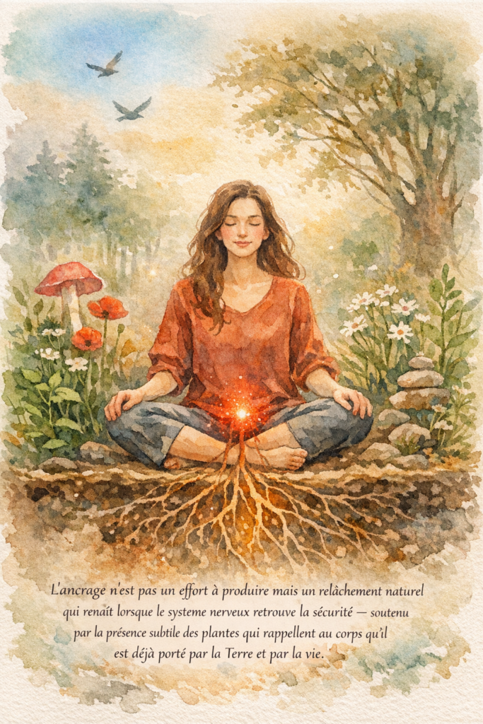 Illustration à l'aquarelle d'une femme en méditation, reliée à la terre par des racines lumineuses partant du chakra racine, entourée d'une nature bienveillante.