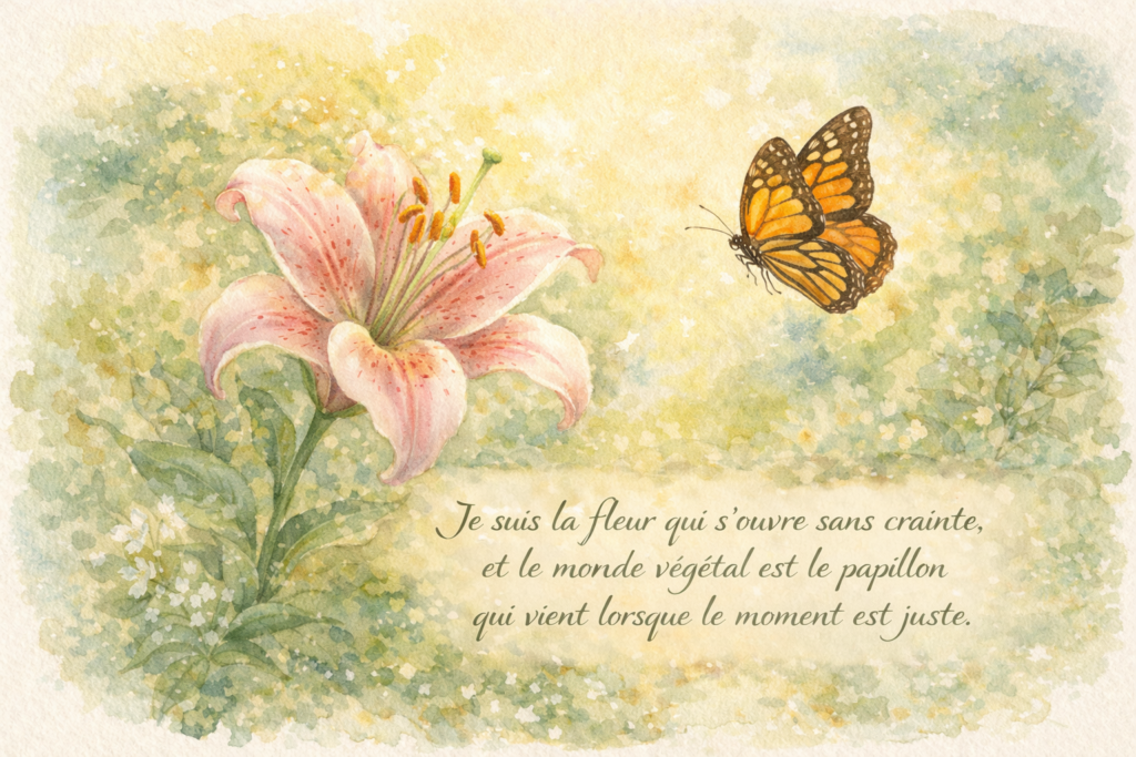 Illustration aquarelle d’une fleur rose ouverte avec un papillon orangé volant à proximité, accompagnée d’un texte poétique sur l’ouverture et le monde végétal