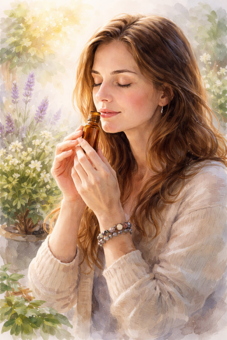 Femme respirant le parfum d’une huile essentielle dans un flacon ambré, illustration aquarelle entourée de plantes et de fleurs.
