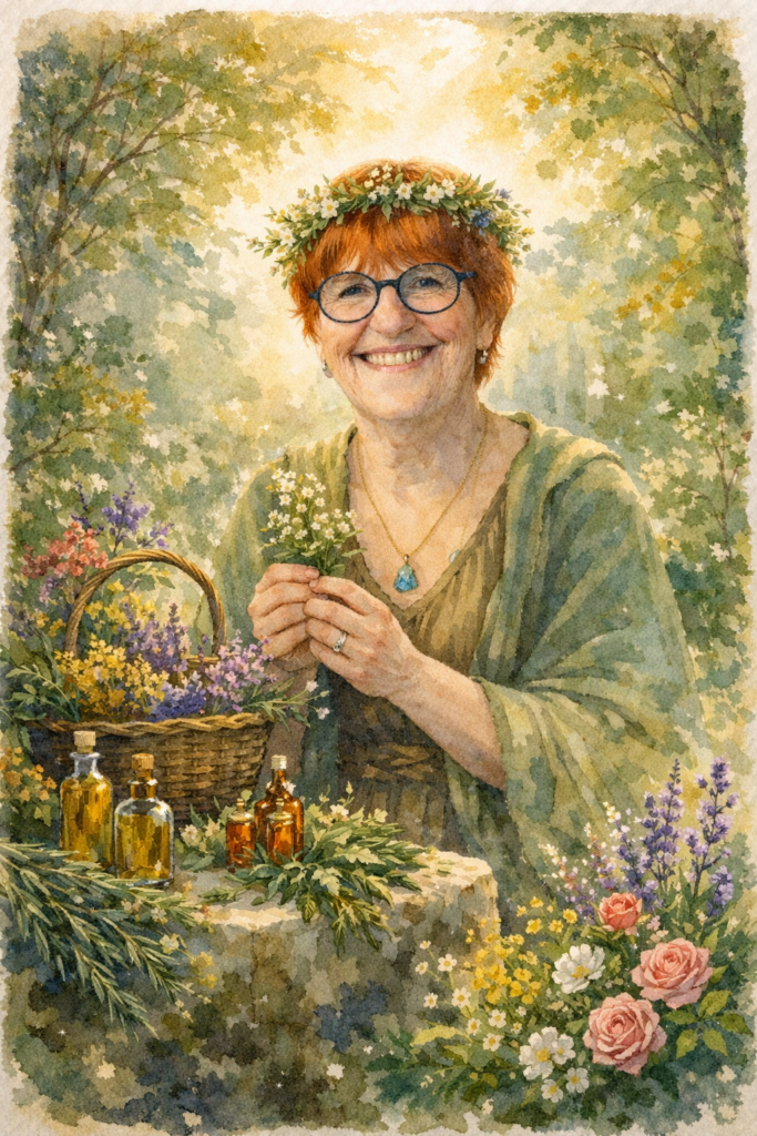 Illustration aquarelle d’une femme souriante aux cheveux roux courts et lunettes rondes, portant une couronne de fleurs, dans un jardin lumineux. Elle tient un petit bouquet de plantes devant un panier rempli de fleurs colorées et de flacons d’huiles sur une pierre. Autour d’elle, des arbres verts, des roses et des herbes aromatiques créent une atmosphère douce et naturelle.