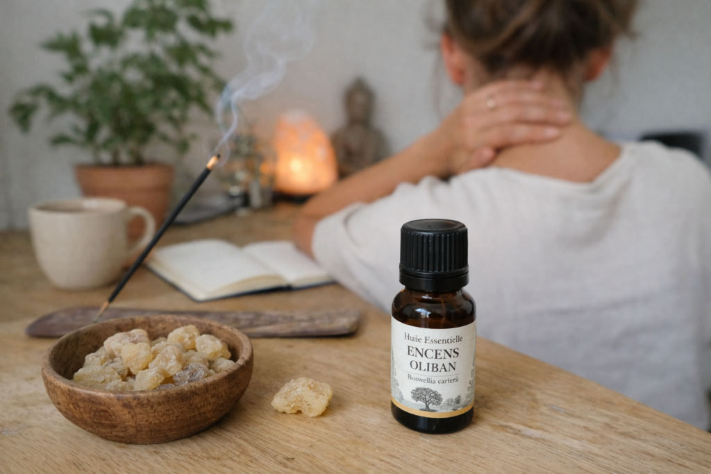 Huile essentielle d’encens oliban avec résine naturelle et rituel de détente pour apaiser la pression mentale