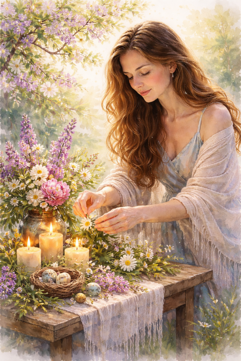 Femme célébrant le printemps sur un autel décoré de fleurs fraîches et herbes vertes, illustration aquarelle lumineuse.