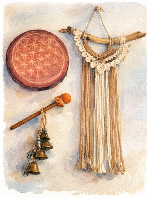 Illustration à l'aquarelle d'objets rituels : un tambour chamanique avec fleur de vie, une tenture en macramé et un hochet.