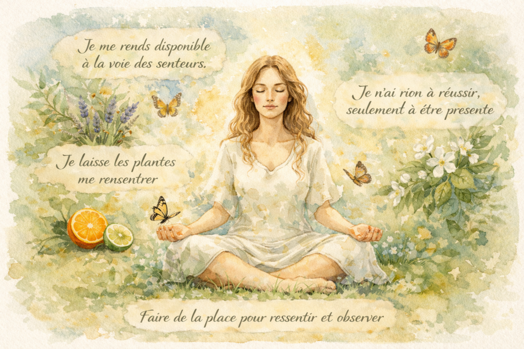 Illustration aquarelle d’une femme méditant assise dans l’herbe, entourée de fleurs, agrumes et papillons, avec des phrases inspirantes sur la présence et les senteurs.