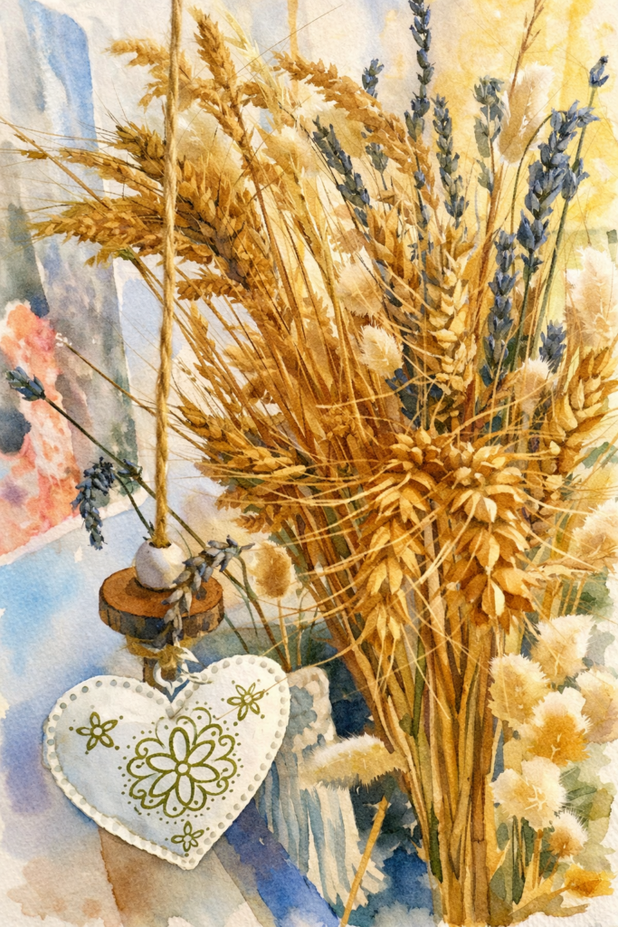 Illustration à l'aquarelle d'un bouquet de fleurs séchées, d'épis de blé et de lavande, accompagné d'un cœur en tissu brodé suspendu par une cordelette.
