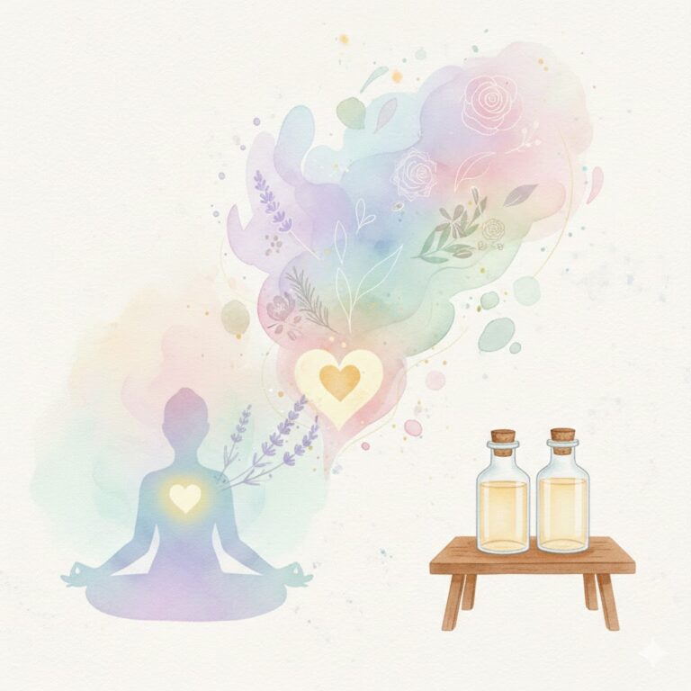 Illustration aquarelle d'une personne en méditation avec des cœurs de lumière et des flacons de soin sur une table en bois, évoquant l'alignement vibratoire.