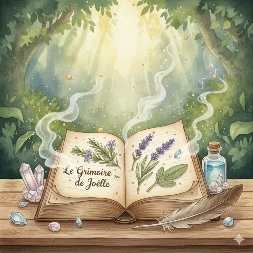 Illustration en aquarelle d'un grimoire ouvert intitulé "Le Grimoire de Joëlle" sur une table en bois, entouré de cristaux, d'une plume et de plantes, sous une lumière mystique en forêt.
