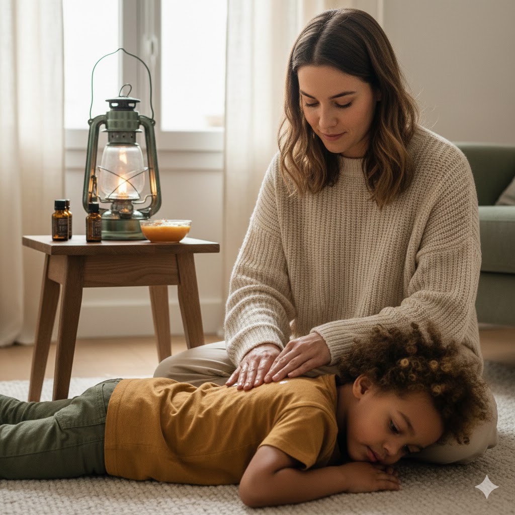 Mère massant doucement le dos de son enfant sur un tapis, avec des huiles essentielles et une lanterne en arrière-plan, illustrant un moment de soin apaisant.