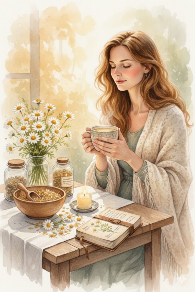 Une femme sereine assise à une table en bois, tenant une tasse d'infusion de camomille fumante, entourée de fleurs de camomille, d'une bougie allumée et d'un livre, dans une ambiance douce et lumineuse.