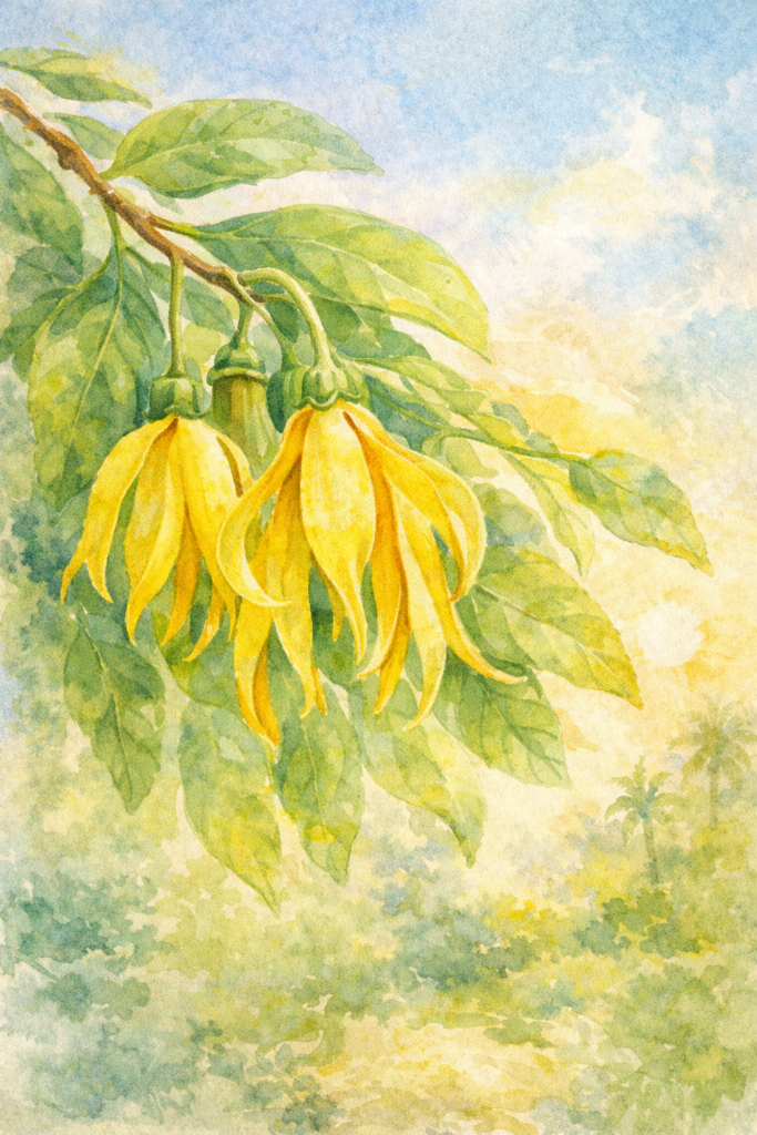 Fleur d’ylang-ylang jaune en aquarelle – plante aromatique utilisée en aromathérapie émotionnelle.