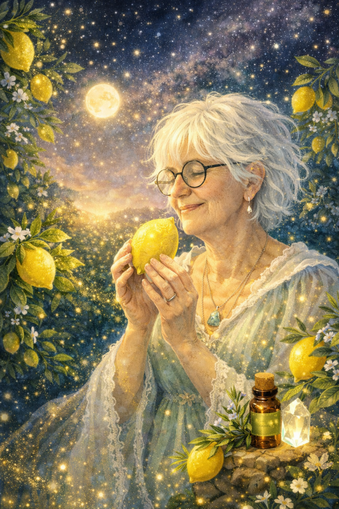 Illustration onirique d'une femme aux cheveux blancs, portant des lunettes, qui hume délicatement un citron dans un verger magique illuminé par des étoiles et une pleine lune.
