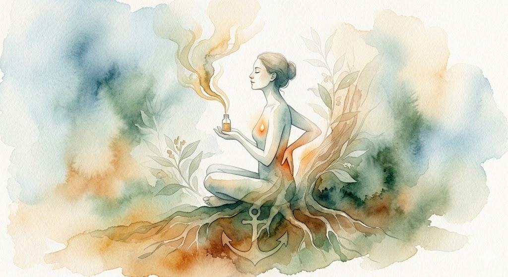 Aquarelle douce montrant une femme en méditation assise sur des racines d'arbre s'enfonçant dans le sol. Elle tient un flacon d'huile essentielle dont s'échappe un parfum doré, une main posée au creux de son dos. Une ancre est visible dans la terre.