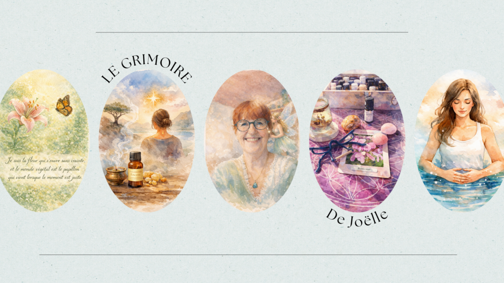 Illustration aquarelle pour le blog Le Grimoire de Joëlle d'Argoat et Essences, montrant des fleurs, des huiles essentielles, une fée et des rituels de bien-être.