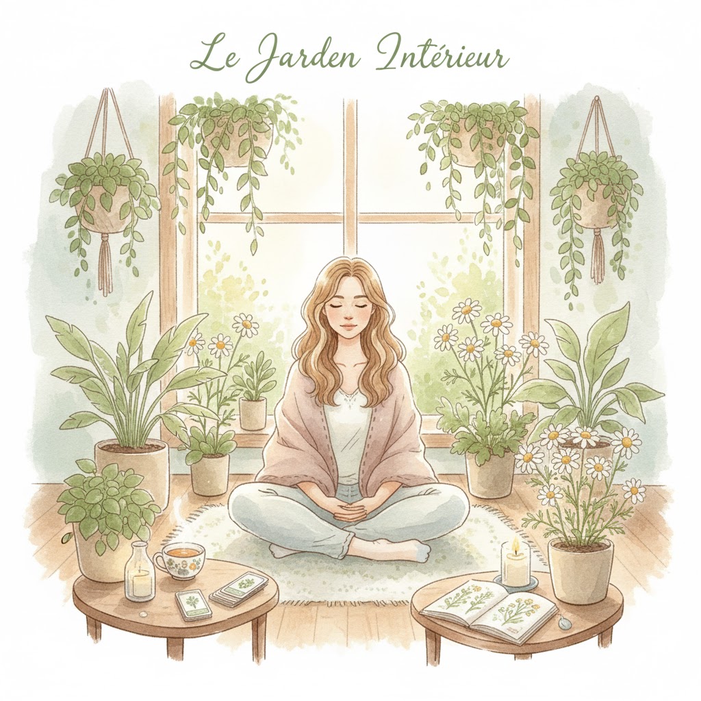 Une illustration aquarelle représentant une jeune femme méditant sereinement au centre d'un jardin intérieur rempli de plantes vertes et de fleurs de camomille, avec des tables basses, une tasse d'infusion et des livres, créant une atmosphère de paix et de reconnexion.