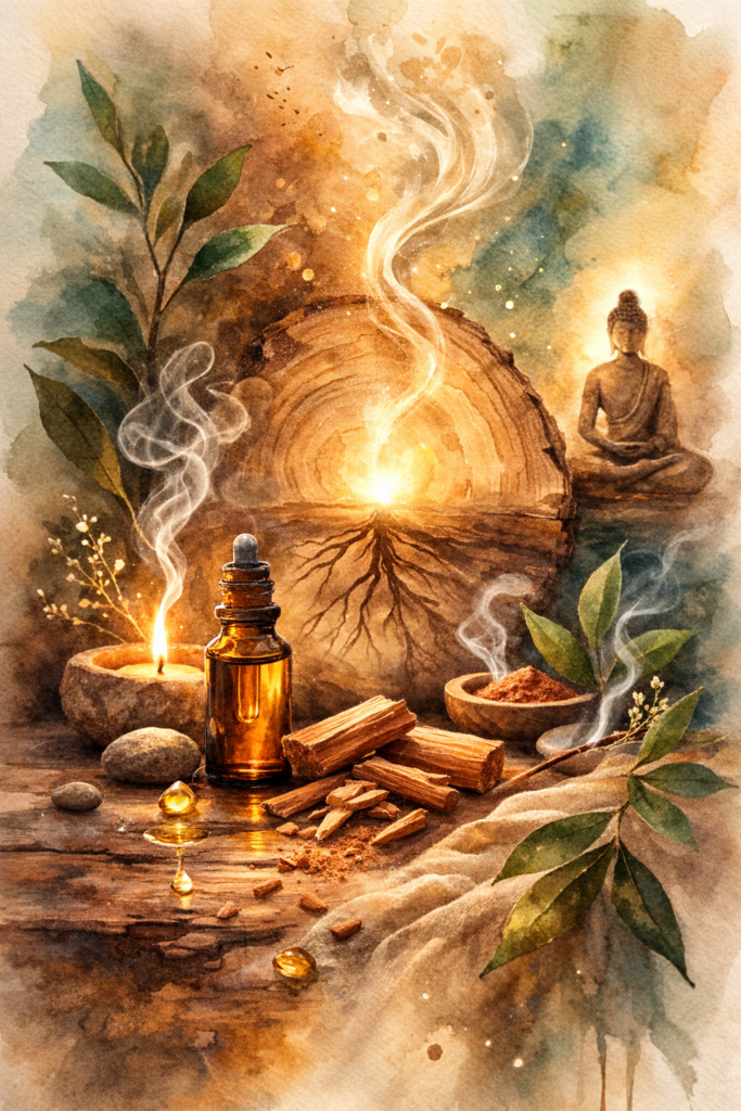 Illustration aquarelle apaisante d’une scène de méditation avec un flacon d’huile essentielle de santal, des bâtons de bois, une bougie et un Buddha, dans des tons chauds et boisés