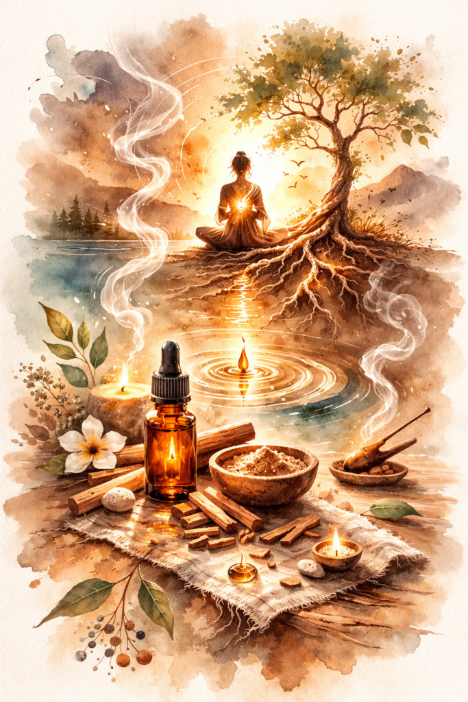 Aquarelle contemplative d’une femme méditant sous un arbre avec des racines apparentes, flacon d’huile essentielle de santal et bougies au premier plan, dans des tons chauds et naturels.