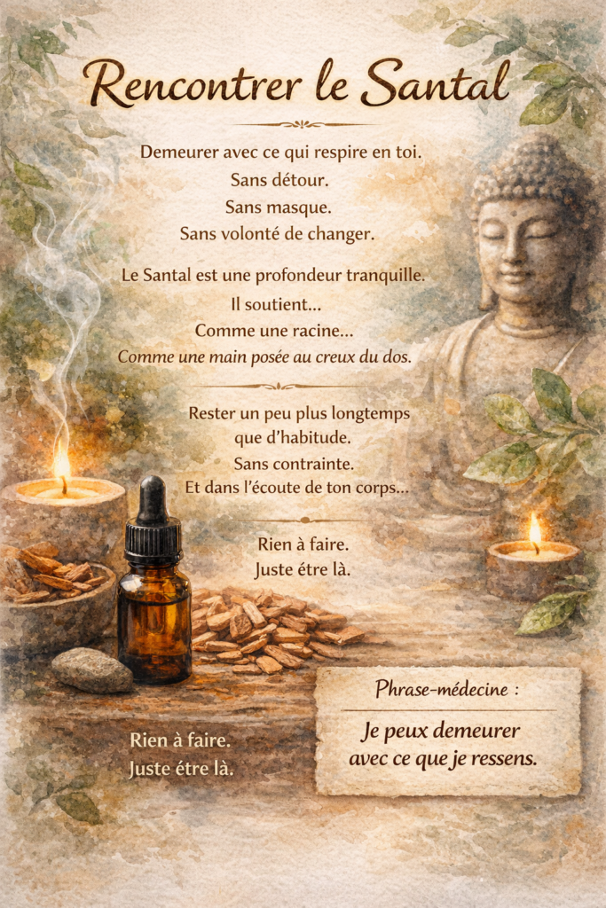 Illustration aquarelle d’un flacon d’huile essentielle de santal posé sur un support en bois, entouré de bâtons de bois, de bougies allumées et de feuilles, avec une statue de Buddha en arrière-plan, évoquant calme et méditation.