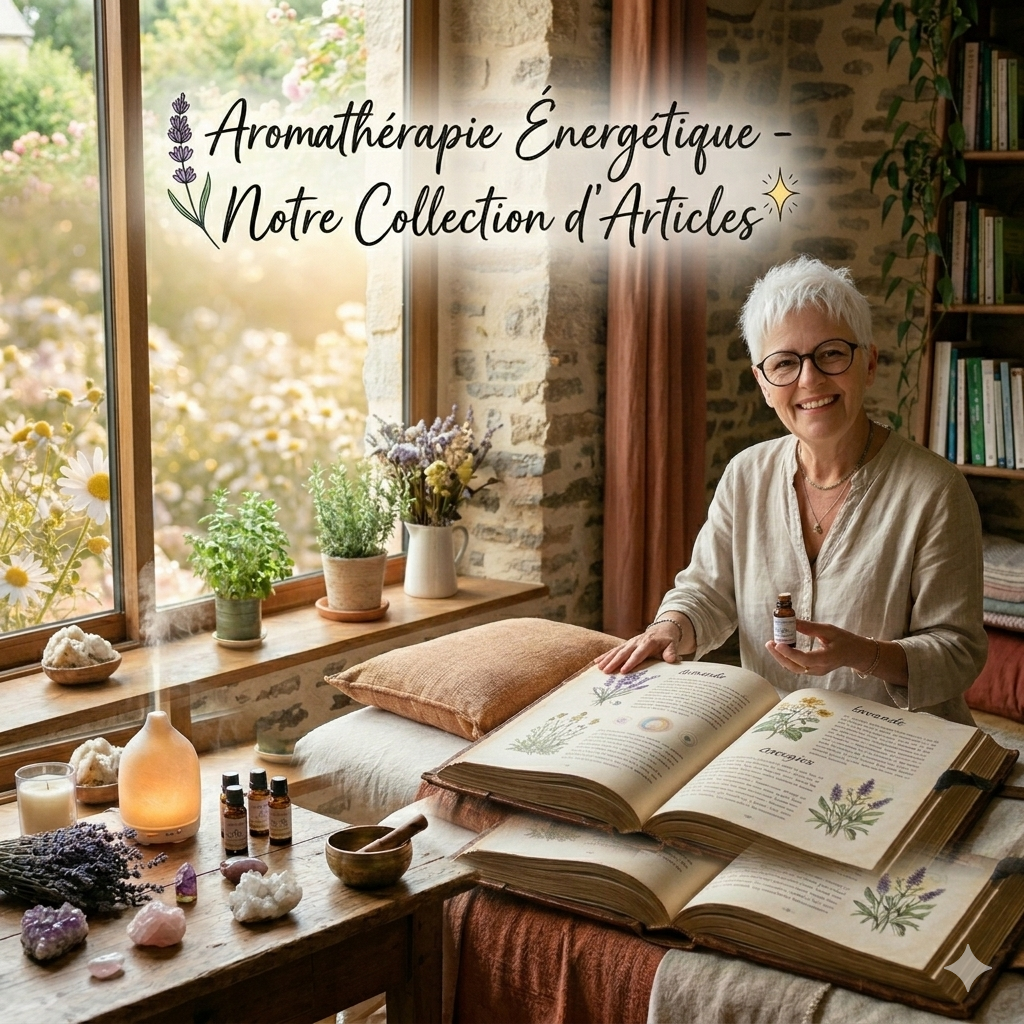 Femme souriante aux cheveux blancs et lunettes, experte en aromathérapie énergétique, tenant un flacon d'huile essentielle devant un grand livre de botanique ouvert dans un décor naturel et apaisant.