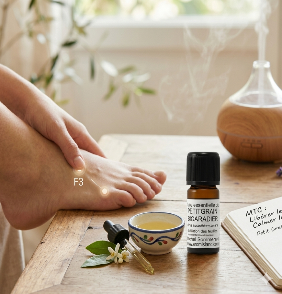 Femme massant le point d'acupression F3 sur le pied à côté d'un flacon d'huile essentielle de Petit Grain Bigaradier et d'un diffuseur de brume.