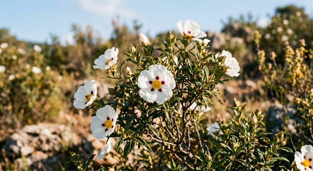 Gros plan sur une branche de Ciste ladanifère avec des fleurs blanches froissées aux cœurs pourpres et jaunes, épanouie dans un paysage méditerranéen ensoleillé et sauvage.