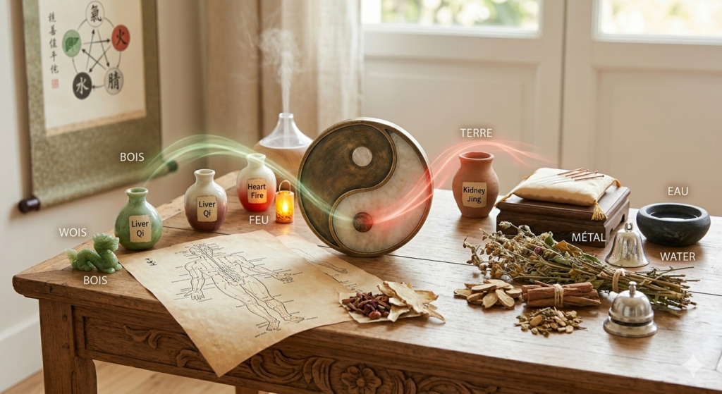 Composition artistique de la médecine traditionnelle chinoise avec un symbole Yin Yang central, des herbes médicinales, des aiguilles d'acupuncture et des calligraphies représentant les 5 éléments sur une table en bois.