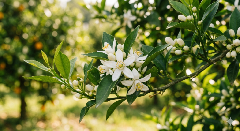 Gros plan sur une branche de bigaradier montrant des fleurs de néroli blanches et cireuses avec des étamines jaunes, entourées de feuilles vertes et de bourgeons, dans un verger ensoleillé.